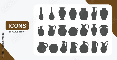 Vase pottery silhouette vector set with ceramic jars, amphora, urns, and decorative containers