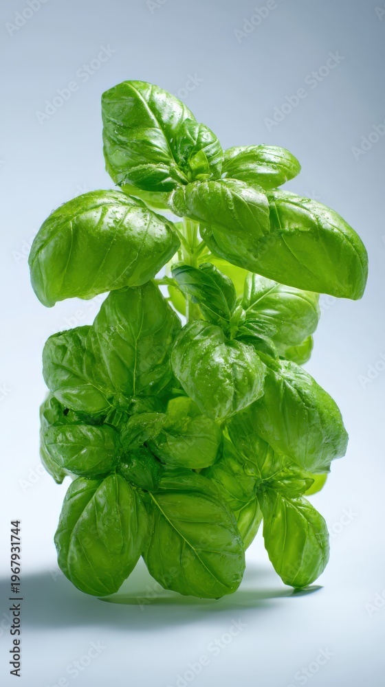 Fototapeta premium Fresh basil plant with vibrant green leaves against soft backdrop
