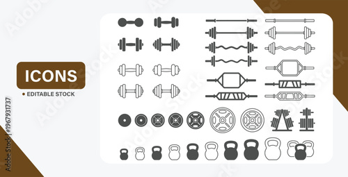 Fitness gym and weightlifting equipment icons set with barbell dumbbell kettlebell weight plates and strength training workout symbols on transparent background