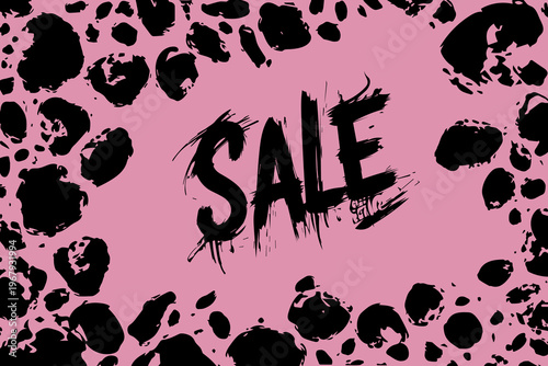 Poster with text sale. Ink blot, stain spreads, ink smear. Drip. Doodle. Abstract horizontal background. Flat vector design. Isolated on  pink background.