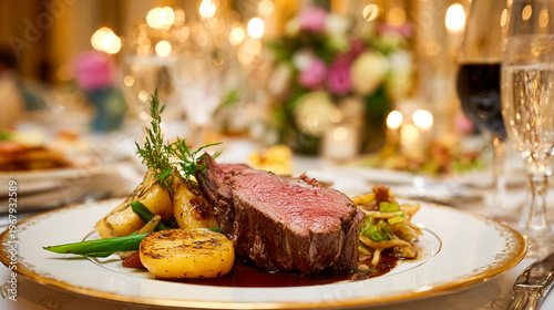 Plated gourmet steak dinner with roasted potatoes and vegetables on a fancy table setting at a luxury restaurant