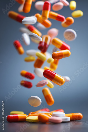 Capsules and tablets falling, representing healthcare, pharmacy, drug treatment, prescription and medicine distribution