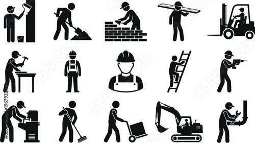 Construction worker silhouette icons set featuring builders painters bricklayers and engineers working with tools heavy machinery and equipment for industrial projects