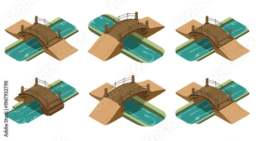 Stream and bridge isometric illustrations, vector graphics of wooden bridges over rivers and streams, suitable for games, urban planning, and nature-themed creative projects.