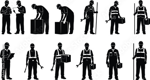 Collection of Industrial Worker Silhouettes Wearing Hard Hats and Safety Vests Carrying Boxes and Tools for Construction Logistics and Manual Labor