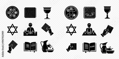 Set of Jewish Passover holiday icons including Seder plate, matzah, kiddush cup, Star of David, and Haggadah book.