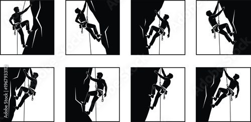 Silhouette illustrations of rock climbers ascending with ropes and harnesses, showcasing adventure sport, physical effort, and dynamic climbing motion