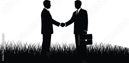 Silhouette of business professionals shaking hands outdoors with briefcase, symbolizing partnership, agreement, collaboration, negotiation, and professional deal