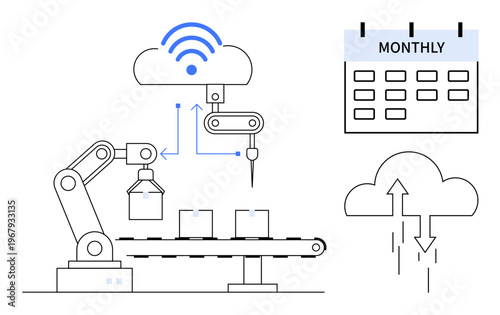 Cloud-based automation concept. Cloud connectivity improves production efficiency through IoT and robotic integration. Cloud-based solutions enhance manufacturing scheduling. For technology, IoT