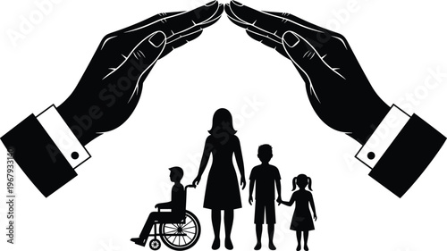 Silhouette of protective hands over diverse family group with wheelchair, symbolizing safety, inclusivity, guardianship, care, and social support