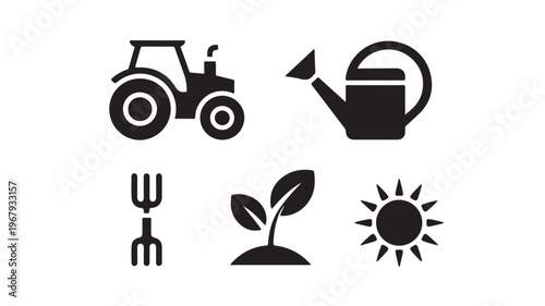 Agriculture Farming Icons Featuring Tractor Seedling Watering Can and Gardening Tools