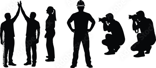 Silhouette set with high five gesture, standing woman, construction worker hard hat, photographer crouching camera, black people figures isolated on white