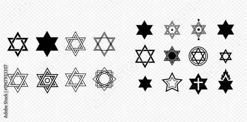 Set of various Star of David symbols, Jewish religious icons, and spiritual design elements on transparent background.