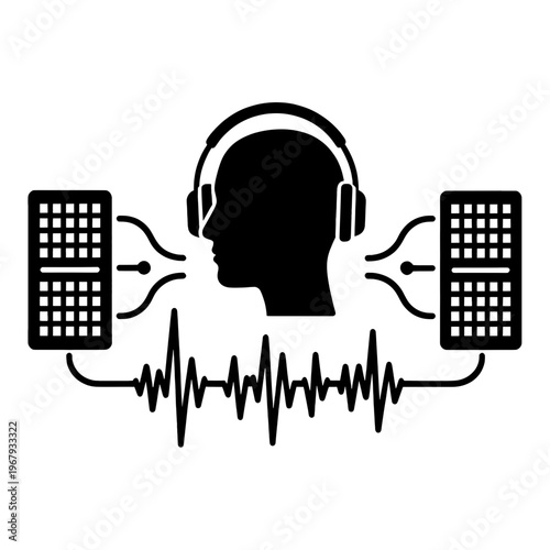 Audio Editing Line Icon with Headphones and Soundwave