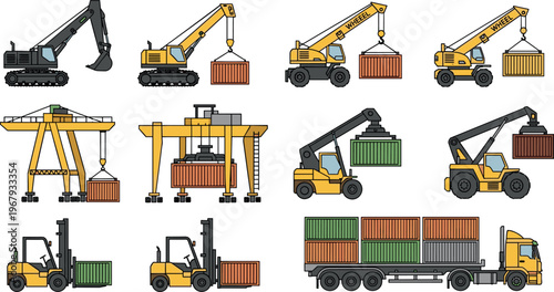 Container handling logistics vector illustration with cranes, forklifts, trucks, reach stackers, port equipment and cargo transport operations system