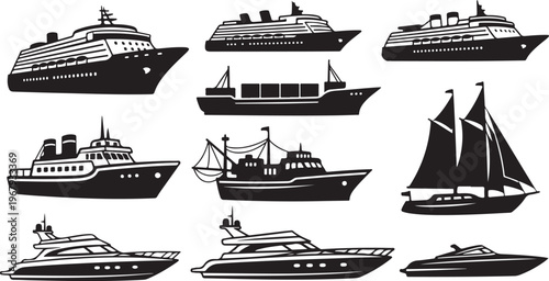 Various Boats and Ships in Black and White Silhouettes