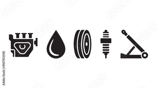 Automotive Maintenance Icon Set with Car Engine Oil Tire Spark Plug and Jack for Repair Services