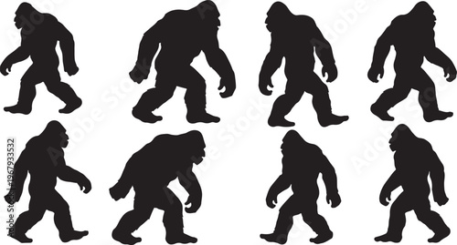 Bigfoot silhouettes walking in various poses and positions side by side