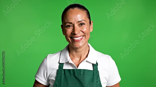 Smiling woman in apron against vibrant green background
