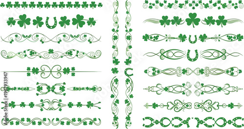 Green shamrock and horseshoe decorative borders and dividers clover