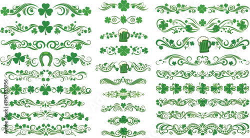 Green shamrock and swirling vine decorative borders and with beer mugs and horseshoe clover lucky ireland