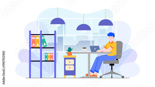 A man working at a desk with a computer and coffee in a brightly lit office with a bookshelf