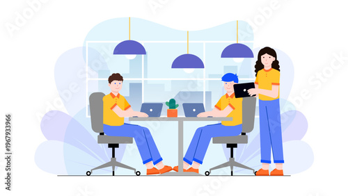 Employees collaborating in a modern office interior with large windows and hanging blue lamps