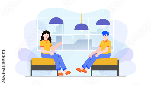 Two people sitting and talking in a modern relaxation area with a city view through the window