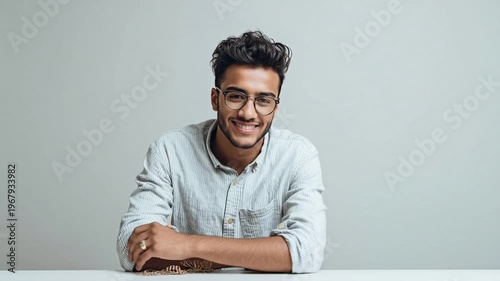 Young man smiling at a table.