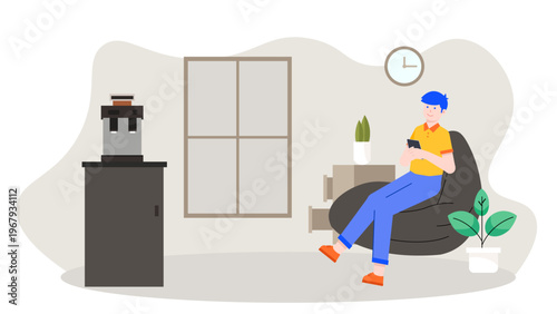 A man relaxing on a bean bag chair and using his smartphone in a modern business break room area