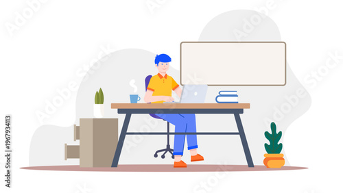 An employee sitting at his desk working on a laptop with a hot coffee mug and a whiteboard behind him