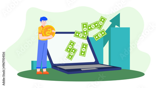 A man holding a large coin next to a giant laptop with money flying out representing startup crowdfunding