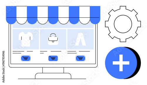 Online shopping concept. Online shopping displaying colorful storefront, product icons, and cart features. Online shopping systems for seamless e-commerce, retail, and software applications. include
