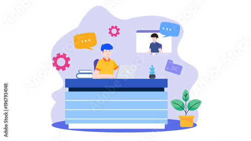 A man working on a computer representing customer acquisition strategy with gear icons and video call window