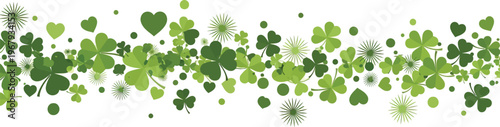 Green shamrocks hearts and starbursts border pattern clover