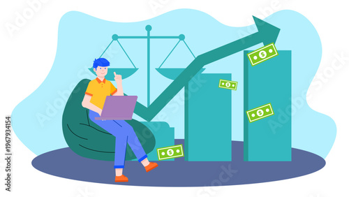 A flat design illustration featuring a man sitting on a bean bag with a laptop in front of a giant growth chart and balance scale symbolizing wealth management