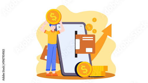 A person holding a large coin in front of a giant smartphone representing fintech and digital banking services