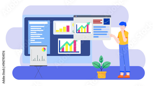 A flat design illustration of a professional person analyzing multiple screens and boards displaying stock market trends and financial data