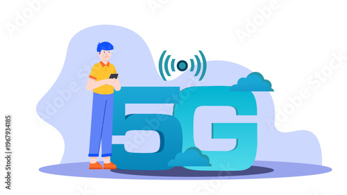 A flat design illustration of a person holding a smartphone next to a large 5G symbol representing high-speed connectivity and modern telecommunications