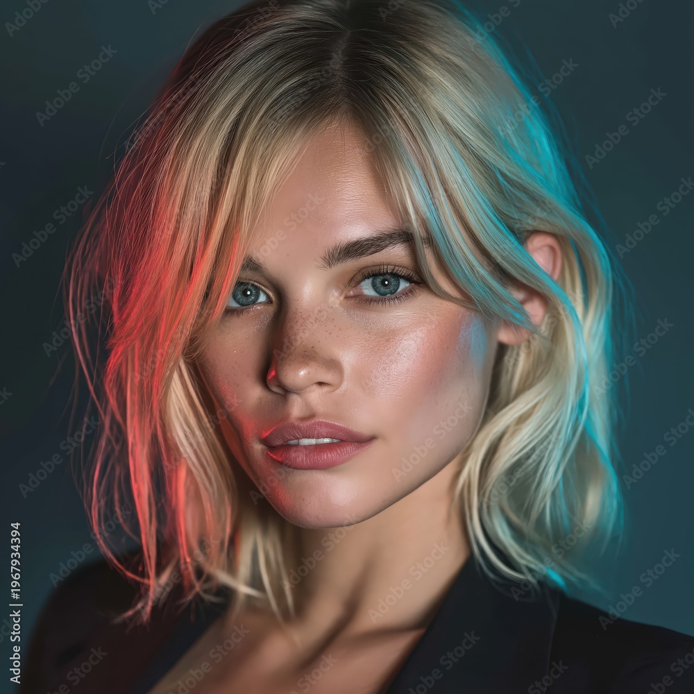 Naklejka premium A close-up portrait of a blonde woman with blue eyes, natural makeup, and subtle red and blue lighting effects on her hair and face.