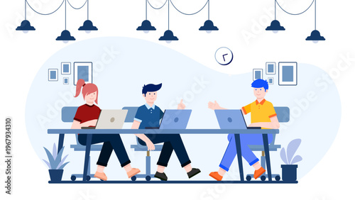 A flat design illustration showing three young professionals sitting at a long shared desk working on laptops in a modern office environment with hanging lamps