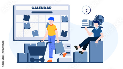 Two business men organizing a marketing schedule with a large calendar and shopping bags representing commercial expenses