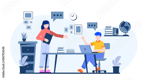 Two professionals in a modern office environment discussing future financial goals and retirement strategies