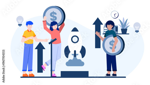 A diverse group of people celebrating a successful rocket launch funded by large gold coins representing crowdfunding