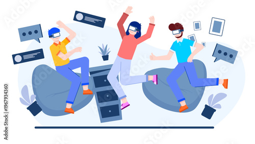 Three enthusiastic business people wearing VR headsets while floating in a virtual digital space with floating icons