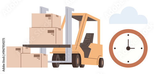 Logistics, transportation, supply chain, punctual delivery, warehouse operations, cargo handling. Forklift carrying stacked boxes with a clock and cloud. Logistics and transportation concept