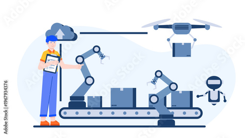 An industrial scene showing robotic arms on a conveyor belt and a drone assisting a worker with inventory management