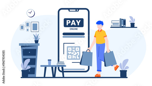 A customer carrying shopping bags standing next to a giant smartphone showing a QR code for easy online payment