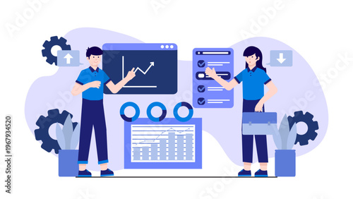 Male and female professionals analyzing various stock market charts and performance indicators