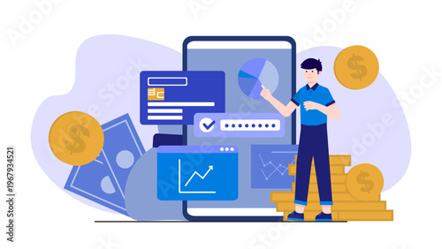 A man interacting with a smartphone displaying financial data, credit cards, and investment charts